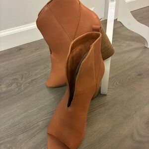 Tan Peep-Toe Stacked Heel Ankle Boots
